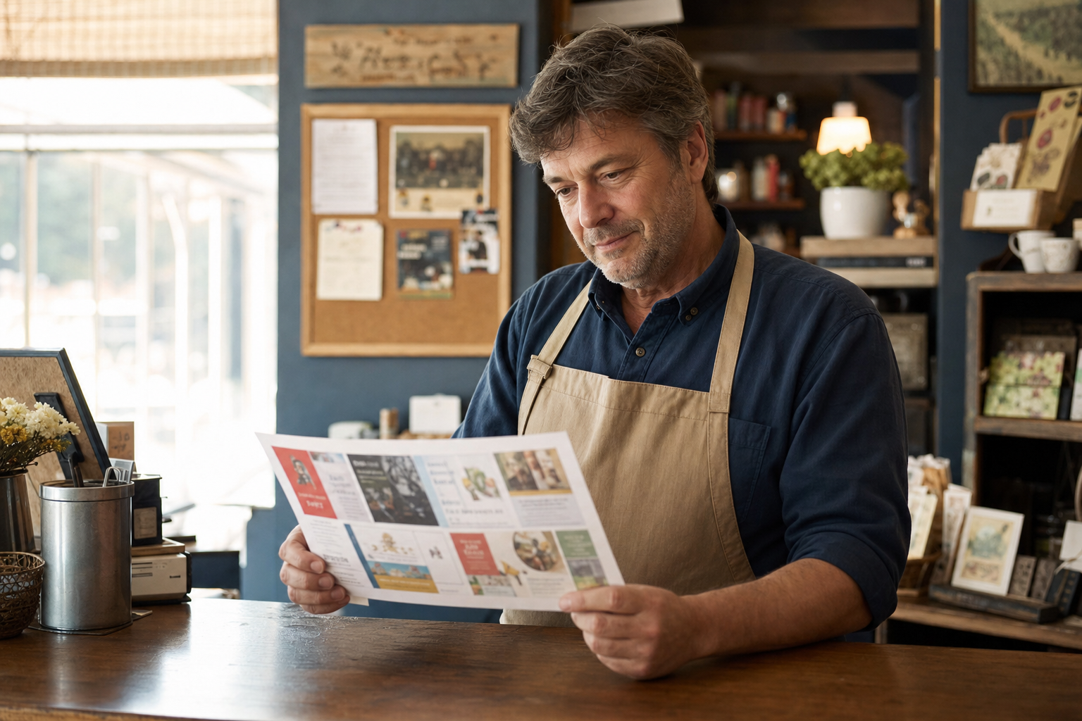 A local shop owner reviewing a printed shared postcard mailer at his counter