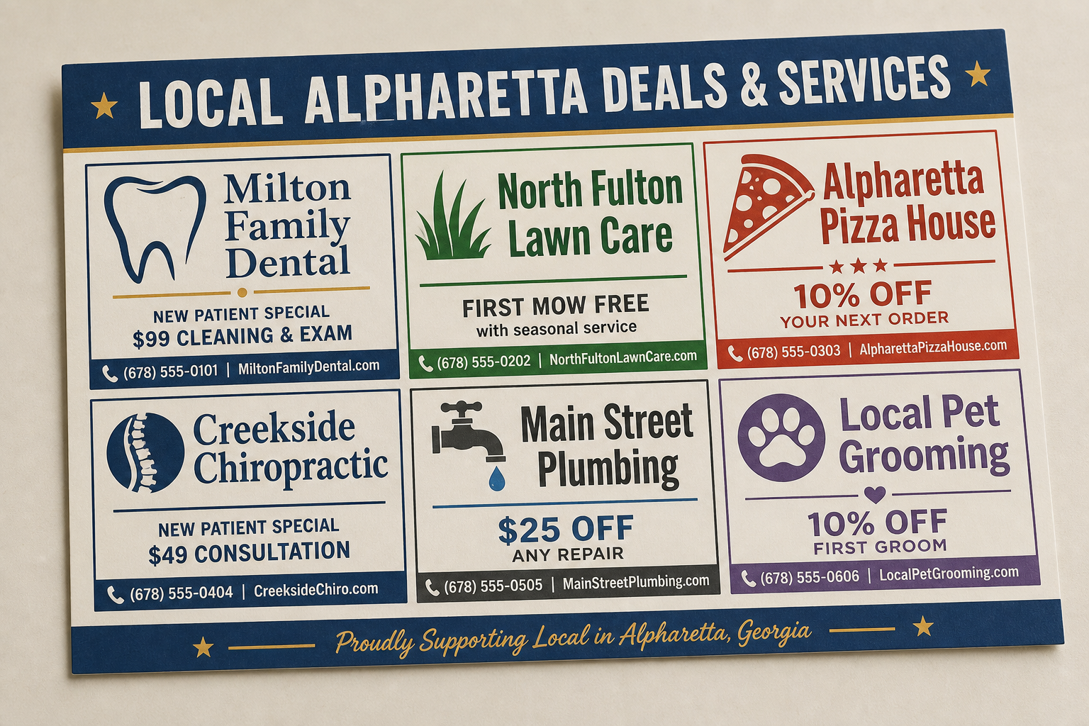 Example shared mailer divided into six fictional local business advertisements